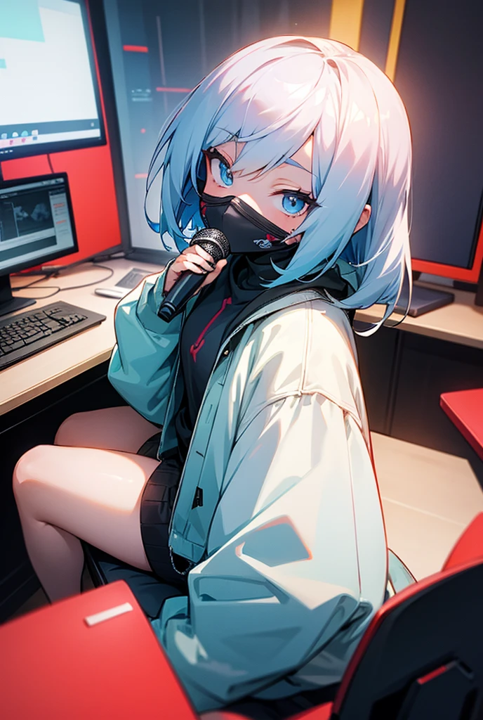 ((masterpiece)), ((highest quality)), ((8K)), High resolution, 1 girl, Cat ear, white skin, big breasts, aqua eye, hacker, colorful computer room, conceit, hoodie,