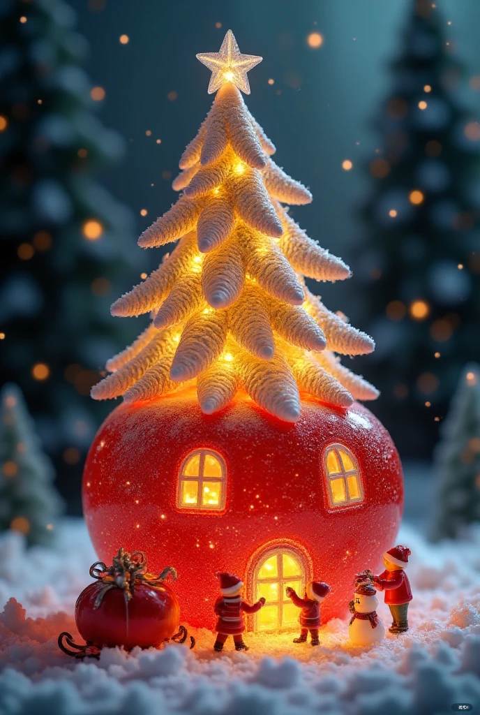 A red apple-shaped house with a giant Christmas tree on top, wrapped in golden fairy lights glowing warmly. The tree branches are adorned with small snowflake ornaments. The windows of the house emit a soft yellow light, and in front of the door, a group of tiny figures dressed in Christmas costumes are busy: one decorates the door frame, another unloads a large sack of presents from a sled, while a third places a scarf on a snowman. In the background, a snow-covered forest fades into the distance, with delicate snowflakes falling from the sky.