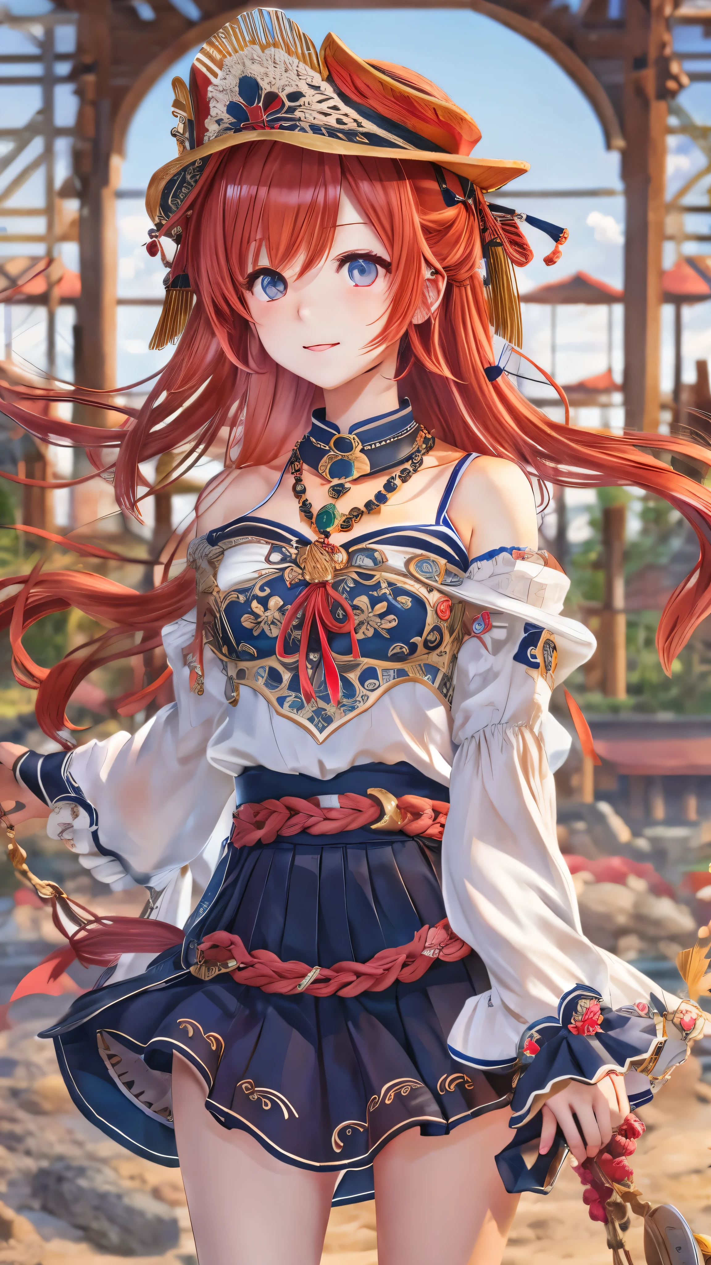 Nirou ( Genshin Impact), Across the Sea,  One girl ,  Blurred Background,   closed mouse, Bare arms, accessories, Bare sleeves, Bare shoulders, Red Hair,  Bracelet ,  necklace,  cowboy shot,  sideways