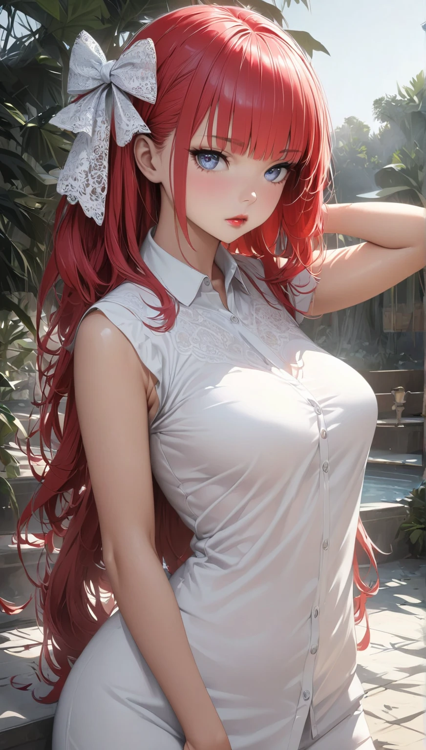  beautiful women,  wearing a white shirt,   Full Body Portrait ,  素敵な perfect face 、 perfect face ,  Superrealistic Concepts , 8k resolution,   take a sexy random pose、Short neck、( slim、1 person, cute young woman,  medium breasts,  random colored hair、 Random hair  、Long side bangs、red large lace hair bow),delicate beautiful eyes , high definition , masterpiece, pictures of girls ,beautiful face、Beautiful Bangs, bangs between eyes, ( eyeliner , lipstick:0.9),