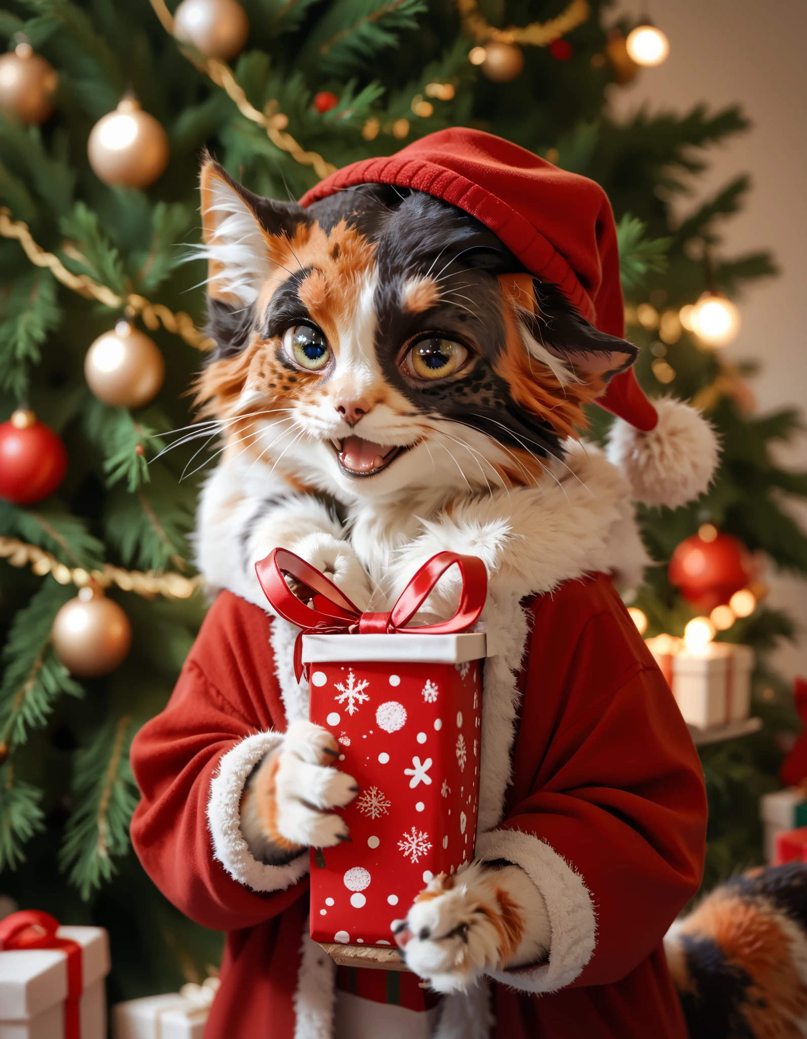 A happy calico kitten's head is showing up from a Christmas stocking,, smiling kitten, background Christmas tree, 