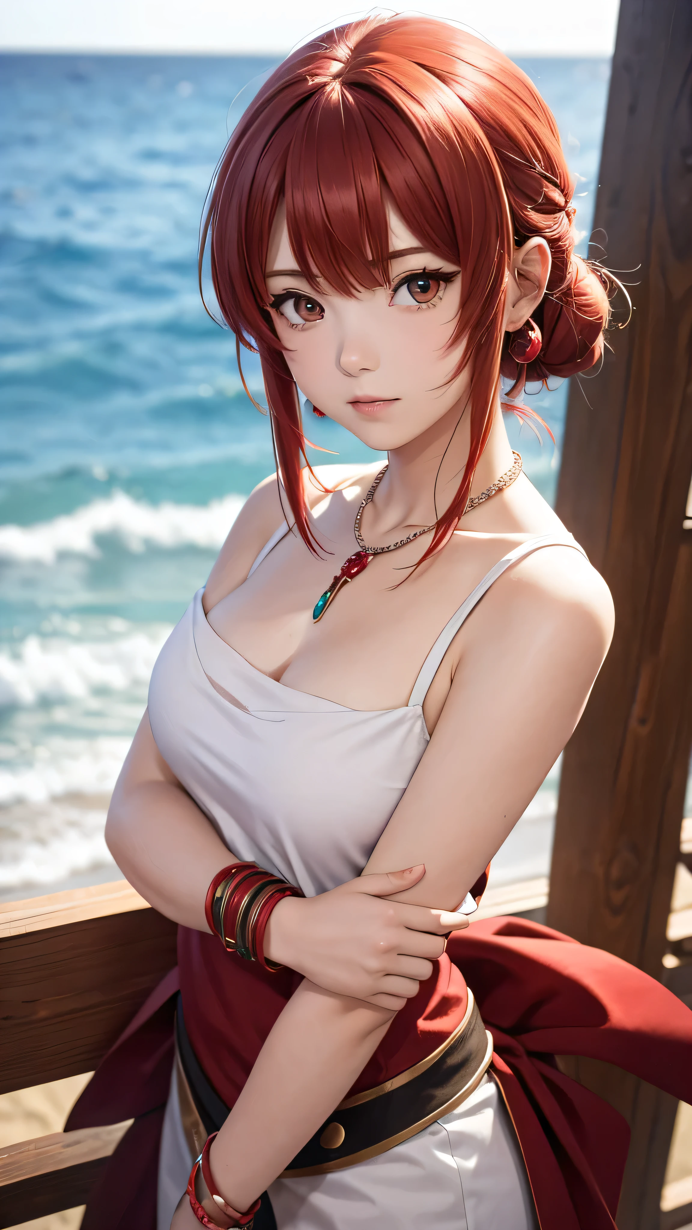 Nirou ( Genshin Impact), Across the Sea,  One girl ,  Blurred Background,   closed mouse, Bare arms, accessories, Bare sleeves, Bare shoulders, Red Hair,  Bracelet ,  necklace,  cowboy shot,  sideways