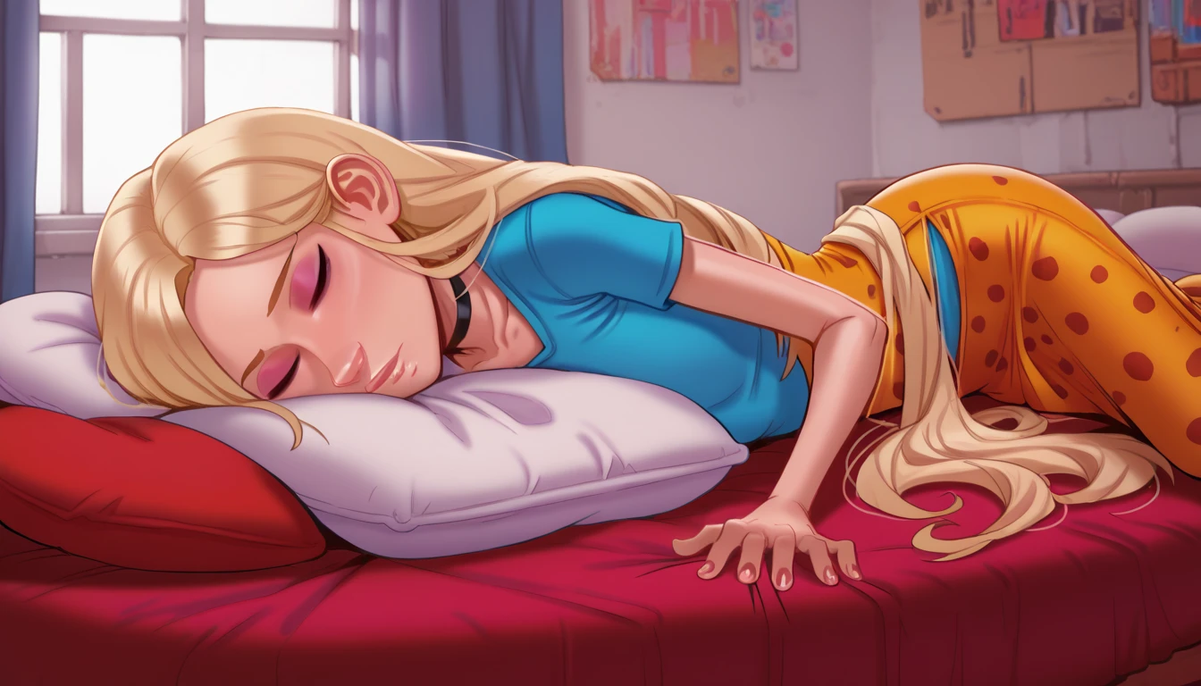 1girl, solo, full body,Shannon, blonde hair, long hair, makeup, long dress, ((bedroom)), sleeping, eyes closed, straight-on, lying, on stomach, in bed, ryona, 4k, Andystyle