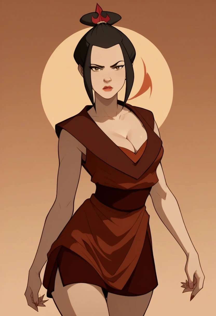 score_9, score_8_up, score_7_up, source_anime, azula, black hair, brown eyes, topknot, sidelocks, hair bun, single hair bun, solo, cowboy shot, sexy pose, seductive, flirting, looking at viewer, sexy clothes, cleavage, thigh, short skirt, sexy,