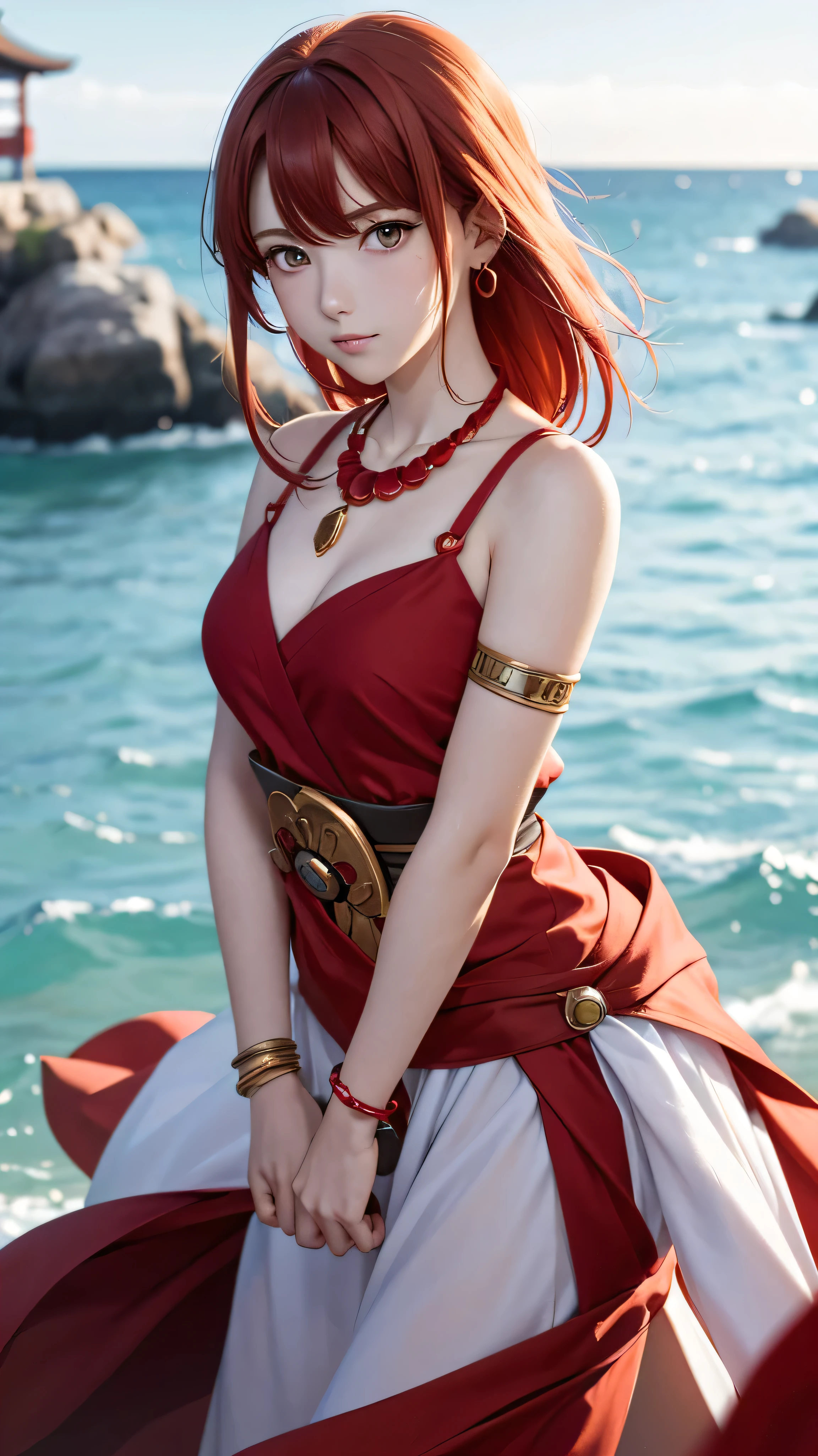 Nirou ( Genshin Impact), Across the Sea,  One girl ,  Blurred Background,   closed mouse, Bare arms, accessories, Bare sleeves, Bare shoulders, Red Hair,  Bracelet ,  necklace,  cowboy shot,  sideways