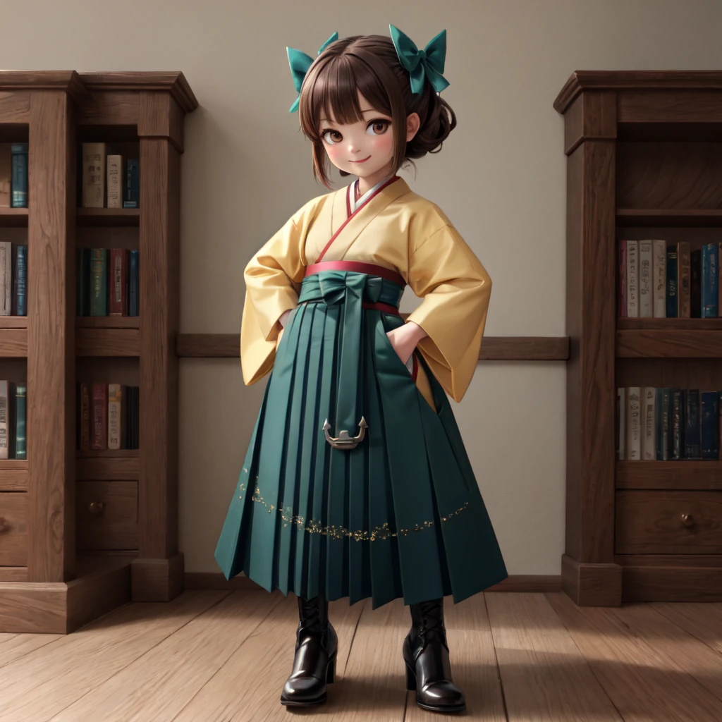 (masterpiece), (best quality), (ultra-detailed), photorealistic, (best illustration), (an extremely delicate and beautiful), 1girl, solo, finely detailed eyes, finely detailed iris, orange kimono, anchor, (wide sleeves), long sleeves, smile, full body, standing, cross-laced footwear, brown boots, high heel boots, military library, detailed indoor scenery, hand on hip, green bow, hair bow
BREAK hiryuuchan, brown hair, brown eyes, (one side up), (half updo)  BREAK (green hakama), hakama skirt, long skirt 