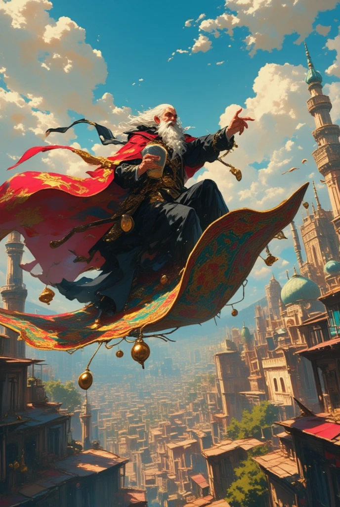 Anime, theme "Red cloak and bells", a man wearing a black tailcoat and a red cloak riding on a magic carpet, with a white beard, holding gold, silver, and copper tin in his hands, flying over a city with a mosque, surrealism, 8K quality, painterly