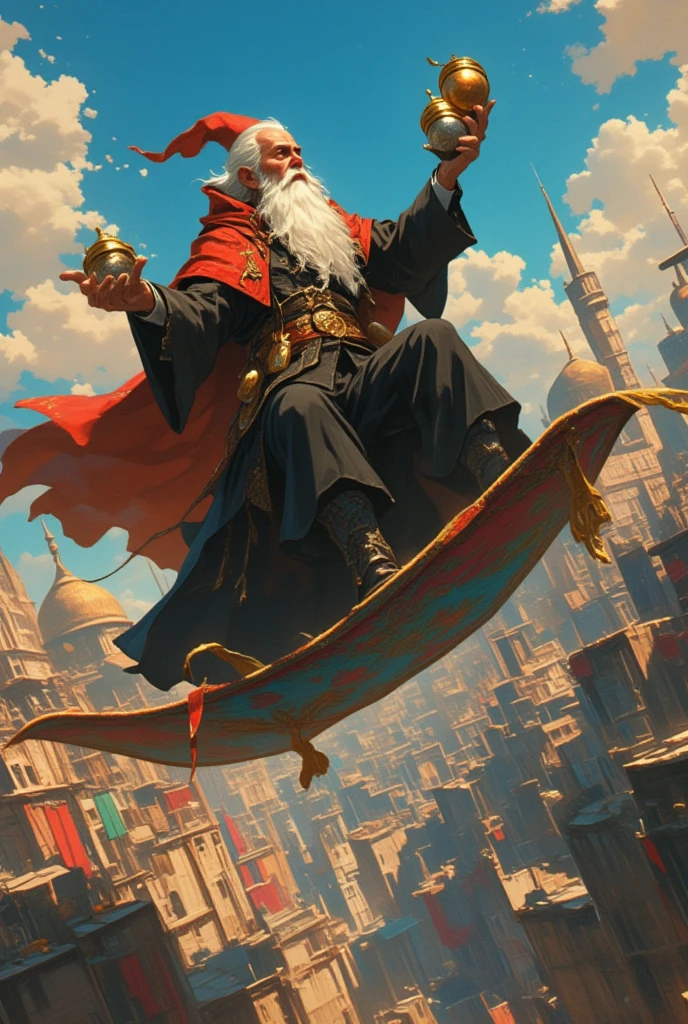 Anime, theme "Red cloak and bells", a man wearing a black tailcoat and a red cloak riding on a magic carpet, with a white beard, holding gold, silver, and copper tin in his hands, flying over a city with a mosque, surrealism, 8K quality, painterly