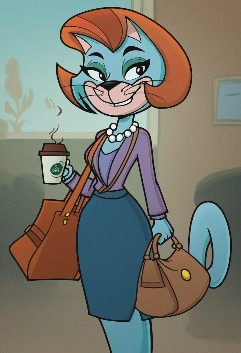 score_7_up, score_8_up, score_9, 2d, cartoon, 
trixie-topcat, catgirl, anthro cat, blue fur, orange brown hair, black eyes, pearl necklace, green eyeshadow,
smiling, looking at viewer, fully body view, brown shoulderbag, holding coffee, office