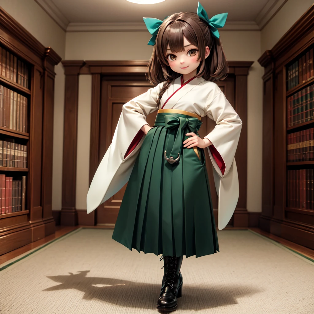 (masterpiece), (best quality), (ultra-detailed), photorealistic, (best illustration), (an extremely delicate and beautiful), 1girl, solo, finely detailed eyes, finely detailed iris, orange kimono, anchor, (wide sleeves), long sleeves, smile, full body, standing, cross-laced footwear, brown boots, high heel boots, military library, detailed indoor scenery, hand on hip, green bow, hair bow
BREAK hiryuuchan, brown hair, brown eyes, (one side up), (half updo)  BREAK (green hakama), hakama skirt, long skirt 