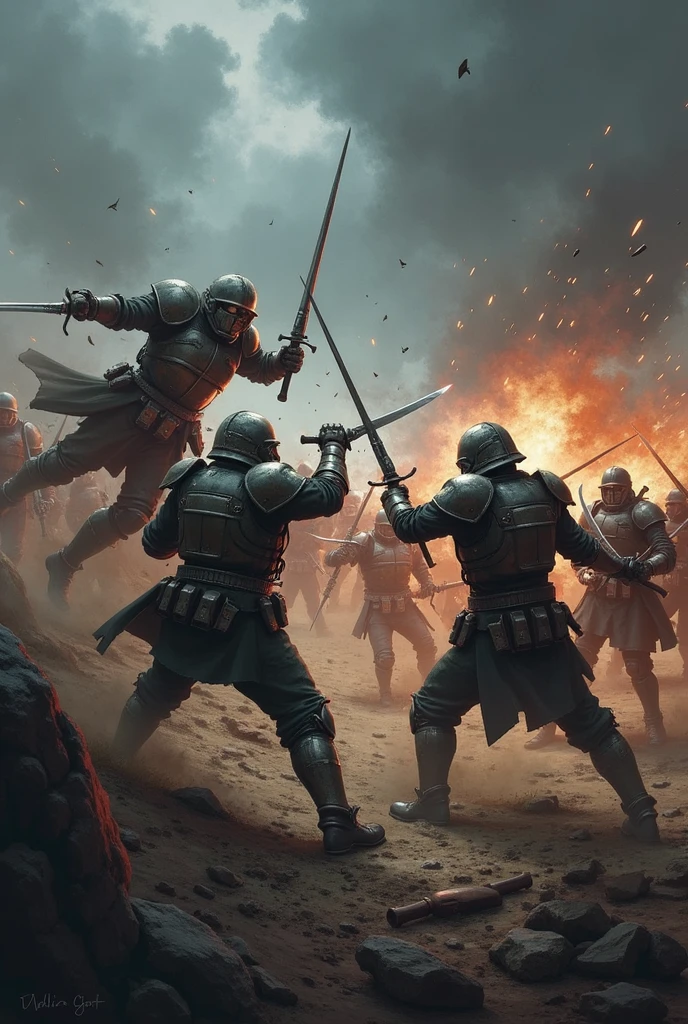 (a mighty, powerful, brave, fearless:1.1) general slaying enemies with a sword on a battlefield, (action-packed, intense, chaotic) enemy soldiers being cut down, (ancient, historical, Roman) era