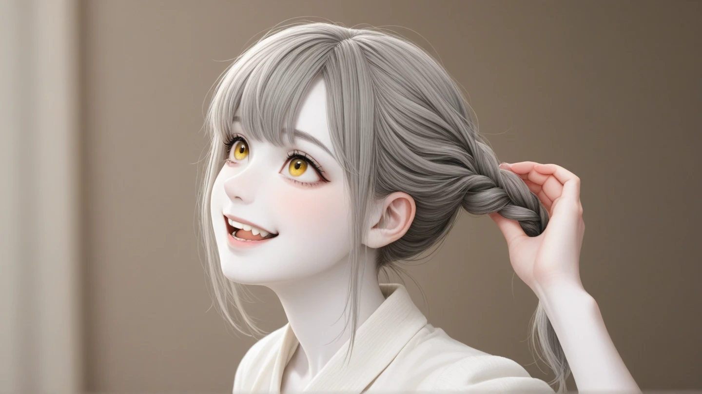 top quality,  high image quality, masterpiece,  gray hair,  golden eyes, White clothes, Look up,  upper body,   hairs ,  white skin, Side braiding, smile, Double teeth