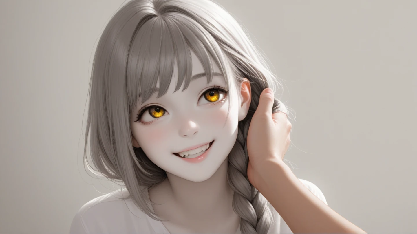 top quality,  high image quality, masterpiece,  gray hair,  golden eyes, White clothes, Look up,  upper body,   hairs ,  white skin, Side braiding, smile, Double teeth,R18