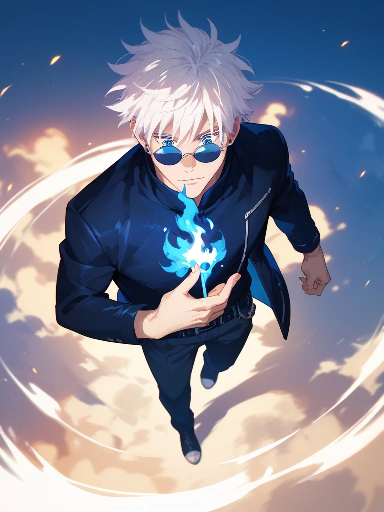 satoru gojo, grown man, white hair, sunglasses, blue eyes, the moon behind him, dark jacket, top view looking down on the man, holding flame in each hand