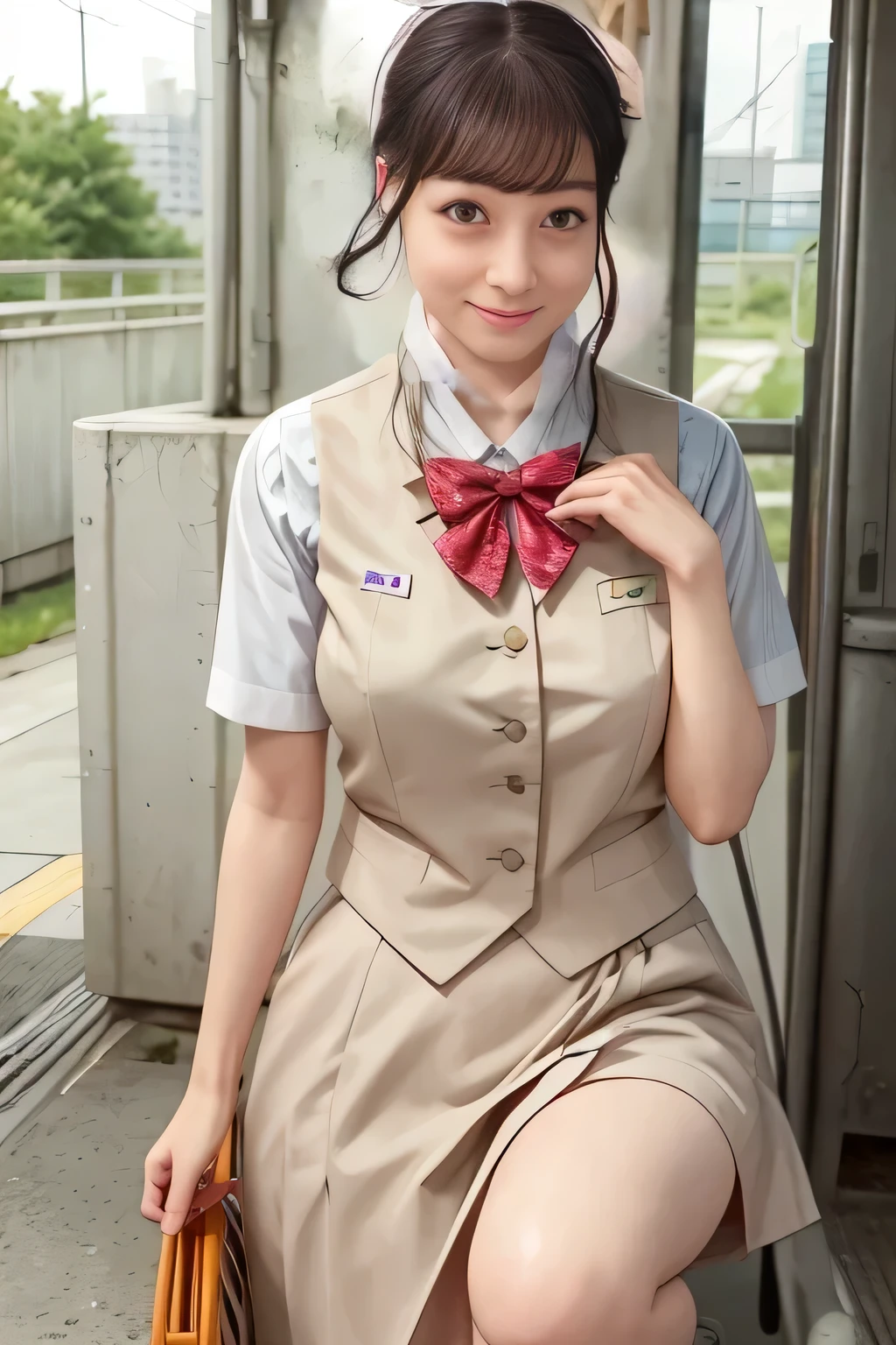 (masterpiece:1.2, top quality :1.2), 32kHDR, high res, (Alone、 1 girl)、(Rooftop of a building during the day、 professional lighting )、With the roof of the building in the background 、(Real style of JR Woman wearing train crew uniform beige)、((JR Woman Train Crew Uniform Beige light blue short sleeve 、 Knee-length culottes skirt、 beige vest、 scarf))、 dark brown hair 、( long hair、Hair tied up、Hair tied up)、 dark brown hair 、Long Hit、Big Breasts、Thin legs、(( amazing hands:2.0)),((harmonious body proportions:1.5)),((Normal limbs:2.0)),((Usually refers to:2.0)),((Delicate eyes:2.0)),((Normal eyes:2.0)))、smile、(JR Woman Train crew uniform beigeのKnee-length culottes skirtを見せた美しい立ち姿)、Hands clasped underneath