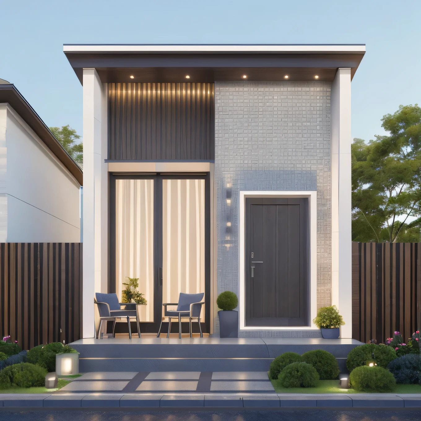 PLATFORM KTHOUSE, 1 morden WHITE house,1large yard, 1 road runs in front of the house, (RAW photo, real, best quality, masterpiece:1.2), look morden minimalist, 1 road in front of the house, dynamic lighting:1.3, (hyper realistic, photo-realistic:1.2), high quality, (dark lighting:1.2), perfect lighting, archdaily, no human, light at 12 noon, warm light in door:1.4, blue sky:1.3, shimering lighting:1.2