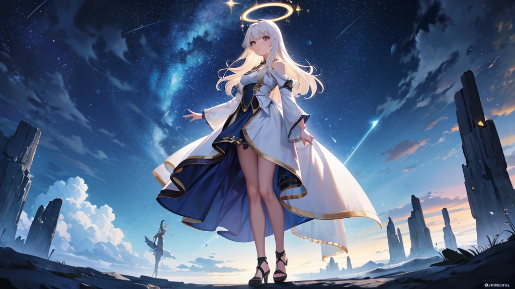 A woman stands on a cliff, surrounded by a halo of moonlight, as she summons a storm of sparkling stars and magic.