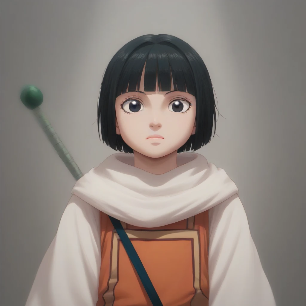 Fujifilm, UHD, masterpiece, textured skin, high details, best quality, highres, 8k, 16k ((Mizumoto Yukari )) ((((bob cut hair style black eyes  )))) score_9, score_8_up, score_7_up, (1child) kyoukai cowl