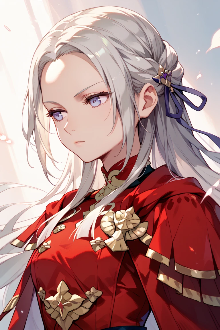  angle from directly below 　 Silver Hair　 hair parted in the middle 　Showing his forehead　 image of "edelgard von hresvelg"(from fire emblem) 　 small breasts　 dye their cheeks 　 half closed eyes 　 are expressionless　