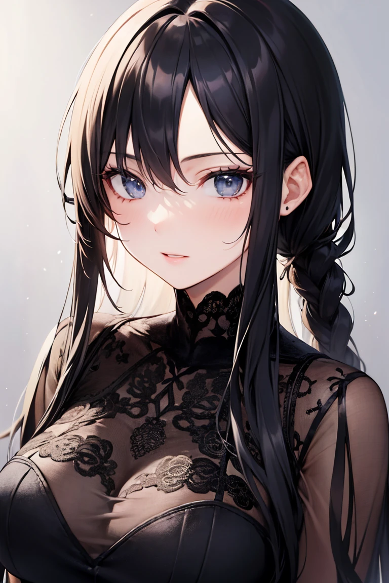 masterpiece, best quality, beauty, shadows, watercolor and oil painting fusion, best quality, hot black artwork, white line art, beautiful woman self portrait, 21 years old, mature features, older woman, pretty eyes, pretty face, black hair, light up,