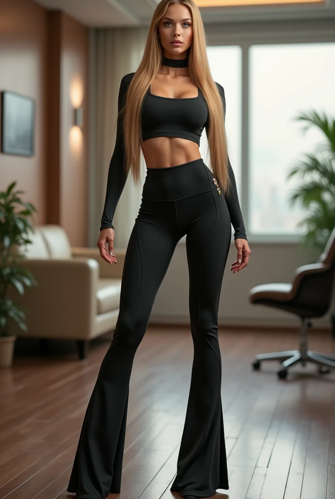 Hyperrealistic full body photo of Emily Sears, Meisterwerk, Best quality, Create dystopian Meisterwerks. beautiful woman, schlank, (realistisches blondes Haar) middle breasts, detailliertes Gesicht, Alter von 20 Jahren, in a room, Not naked, looking to camera, ((wearing a top and black leggins))