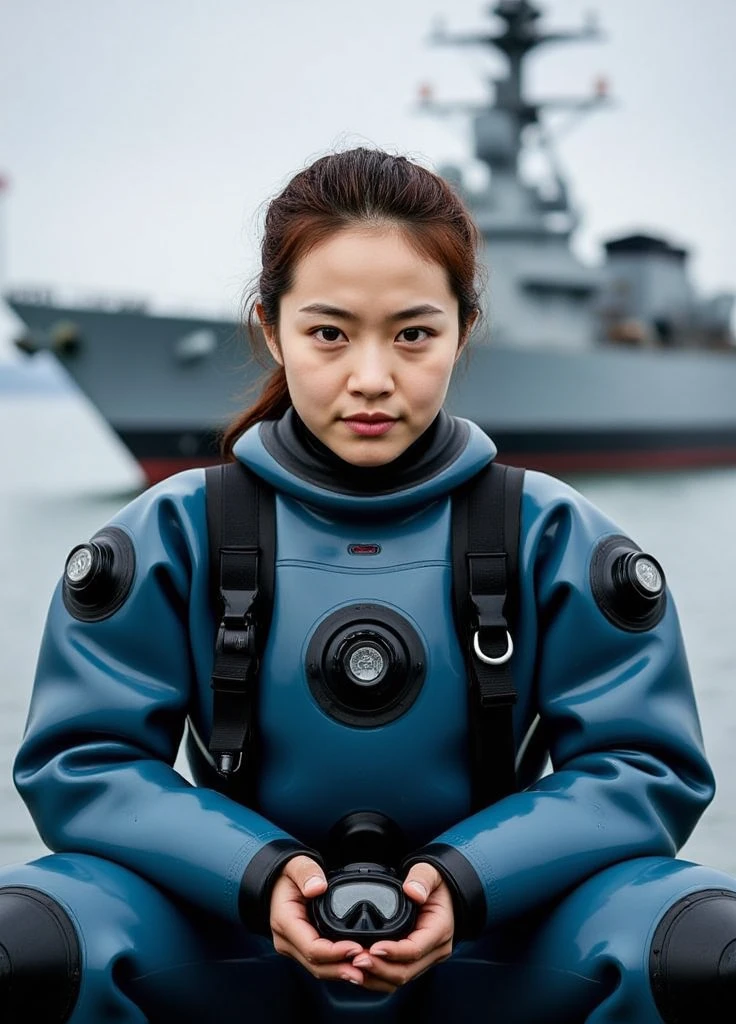 A documentary photo, Photo-realistic, ultra-realistic, (Japanese beautiful young woman, famous Japanese idol, boyish cool face:1.3), wetlook rubberish blue clothes,, she is a military diver of Japan navy, experienced military diver, wearing a professional wetsuits for military diver with professional scuba equipment, She is on a shlre, She is preparing to scuba dive for a lifesaving mission, there is a large battle ship behind her,, Natural Makeup, boyish face ,Front View:1.21, Perfect Anatomy:1.21, Small head:1.21, Slender body:1.37, Narrow waist:1.5, Thin limbs:1.5, Flat Chest:1.5, Anatomically correct limbs, Diving Suits drysuits (high smooth turtleneck collar), Fully equipped for diving, Very cute Japanese woman, Brown Hair, Chignon Hair, woman holds oval scuba mask, Calm sea in qinter, Dynamic and emotional movie lighting, 