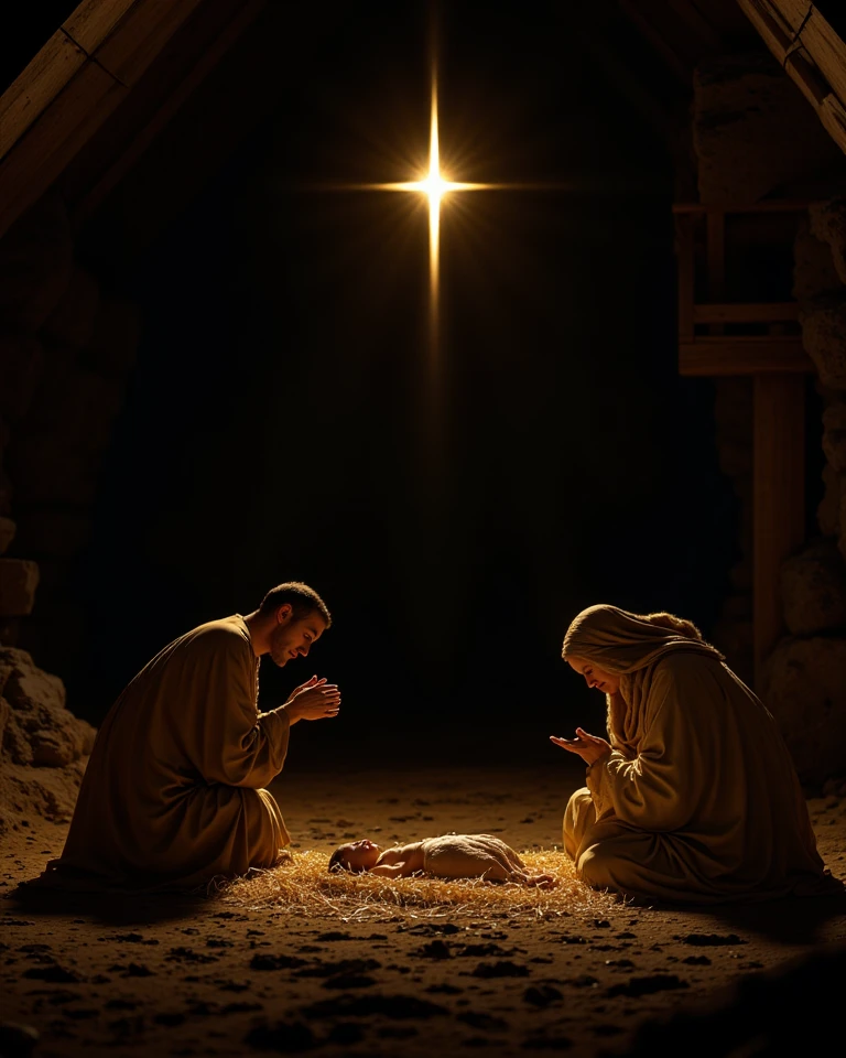 Create a visual representation of Jesus' birth in Bethlehem, using a simple stable as the main setting.
Highlight the simplicity and humility of the environment, with details that hark back to the time. The scene must take place during the night,
with a starry sky illuminated by a bright star that stands out among the rest.
Explore the magic and serenity of this historic moment, capturing the emotion and importance of the birth of the baby Jesus.
Use soft tones and colors that convey peace and contemplation.
