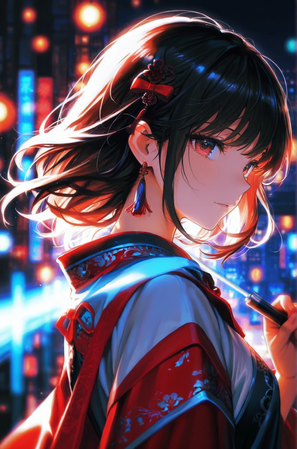 A beautiful anime girl with straight long black hair, holding a red flowery lavish parasol, wearing red exquisite flowery traditional chinese clothing, full upperbody, masterpiece, cinematic view, blurry city background with lights, 