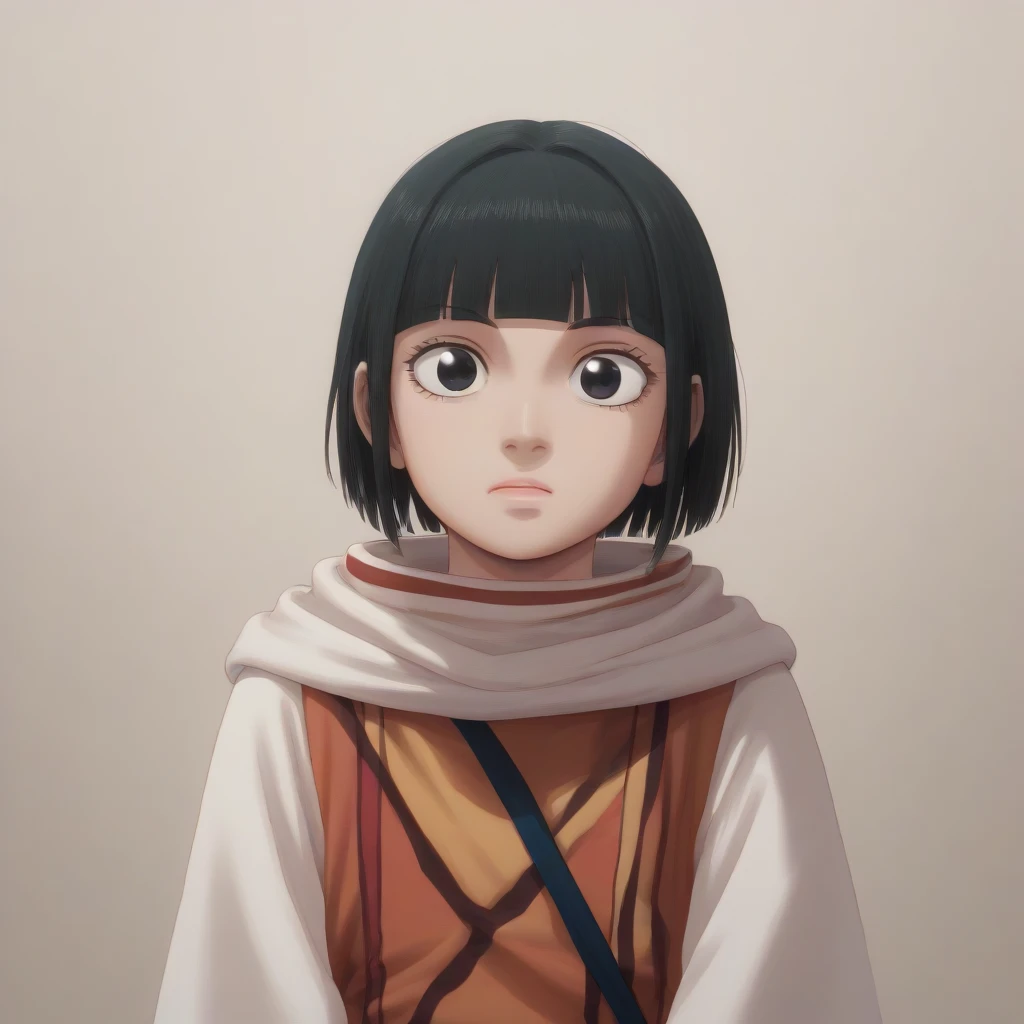 Fujifilm, UHD, masterpiece, textured skin, high details, best quality, highres, 8k, 16k ((Mizumoto Yukari )) ((((bob cut hair style black eyes  )))) score_9, score_8_up, score_7_up, (1child) kyoukai cowl