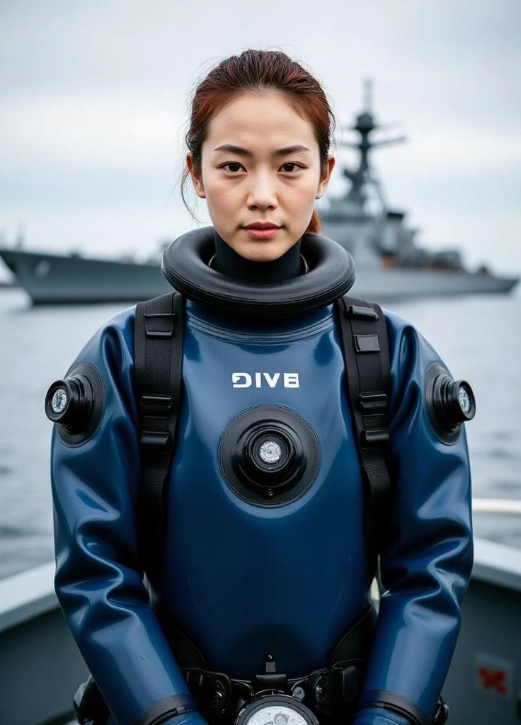 A documentary photo, Photo-realistic, ultra-realistic, (Japanese beautiful young woman, famous Japanese idol, boyish cool face:1.3), wetlook rubberish blue clothes,, she is a military diver of Japan navy, experienced military diver, wearing a professional wetsuits for military diver with professional scuba equipment, She is on a shlre, She is preparing to scuba dive for a lifesaving mission, there is a large battle ship behind her,, Natural Makeup, boyish face ,Front View:1.21, Perfect Anatomy:1.21, Small head:1.21, Slender body:1.37, Narrow waist:1.5, Thin limbs:1.5, Flat Chest:1.5, Anatomically correct limbs, Diving Suits drysuits (high smooth turtleneck collar), Fully equipped for diving, Very cute Japanese woman, Brown Hair, Chignon Hair, woman holds oval scuba mask, Calm sea in qinter, Dynamic and emotional movie lighting, 