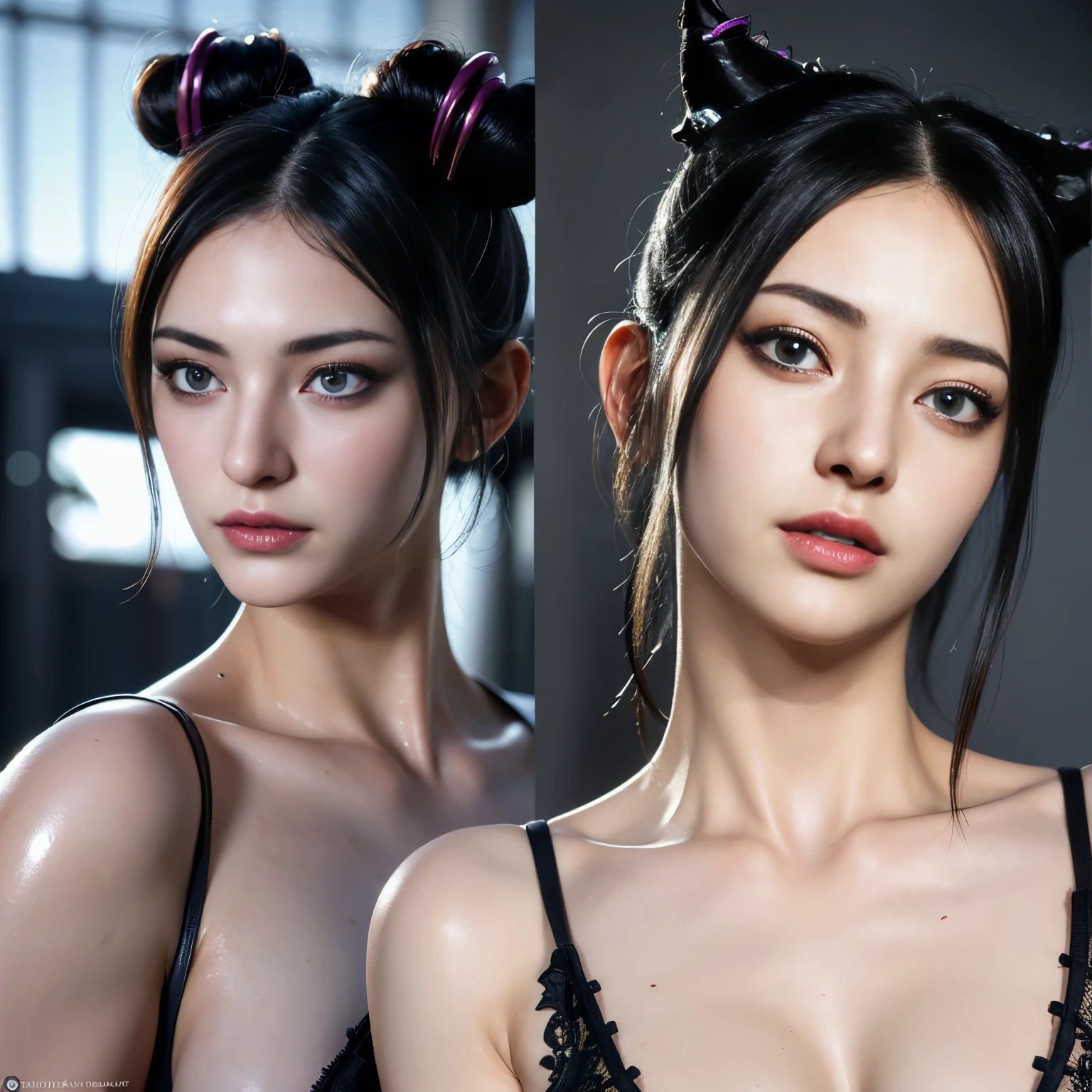Juri , black hair,two-tone hair, hair horns, purple eyes, eyepatch,  
bodysuit, clothing cutout, 
standing, upper body, evil smile, 
night club,
(insanely detailed, beautiful detailed face,beautiful detailed eyes, masterpiece, best quality) , solo, dinamic poses, shinning eyes, backwards, looking back, ((Detailed skin: 1.9)), (((Realistic: 1.9))), ((well dressed)), waist curve pose, front side, (8k, RAW photo, top quality, masterpiece), (Realistic, photorealistic: 1.9), ((Full body shot)), stylish pose, ((Highly detailed skin: 1.2)), ((Realistic: 1.9)), Photos, masterpieces, top quality, (beautiful blue eyes, gorgeous pale grey black hair, white skin, thick body, lower abdomen bristles, perfect slim figure), various poses, ultra-detailed face, detailed eyes, a lot of people are looking at her with excitement, (((no close-up))), sun light, cinematic, ((photoshoot)), photography, show nipples, show vagina, wide open legs.