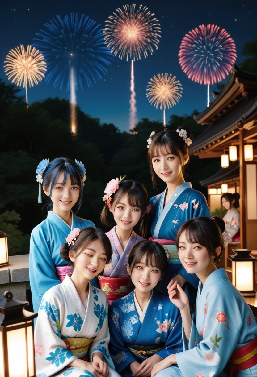 realistic, Gravure, multiple girls, 6+girls, japanese clothes, brown hair, night, fireworks, kimono, blue eyes, hair ornament, black hair, sky, closed eyes, night sky, smile, green eyes, blonde hair, brown eyes, long hair, outdoors, animal ears, lantern, flower, ahoge, hair flower, food, looking at viewer, bangs, open mouth, twintails, blue hair, floral print, hair bun, sleeping, short hair, blue kimono,