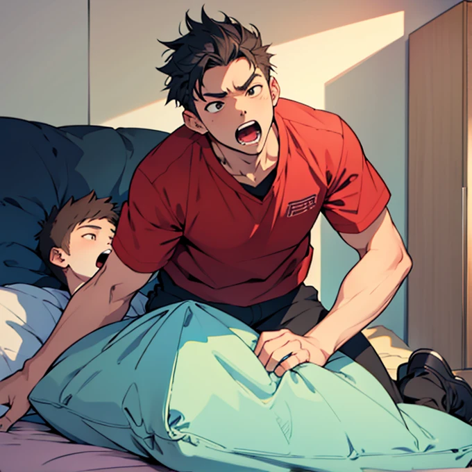 Boy getting into a futon and screaming、(( top quality ))、