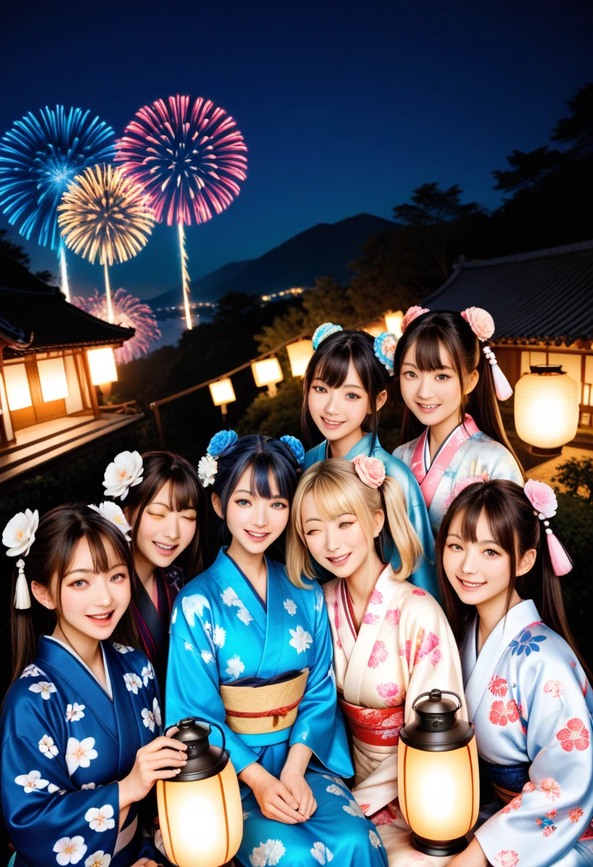 score_9, score_8_up, score_7_up, Gravure, multiple girls, 6+girls, japanese clothes, brown hair, night, fireworks, kimono, blue eyes, hair ornament, black hair, sky, closed eyes, night sky, smile, green eyes, blonde hair, brown eyes, long hair, outdoors, animal ears, lantern, flower, ahoge, hair flower, food, looking at viewer, bangs, open mouth, twintails, blue hair, floral print, hair bun, sleeping, short hair, blue kimono,