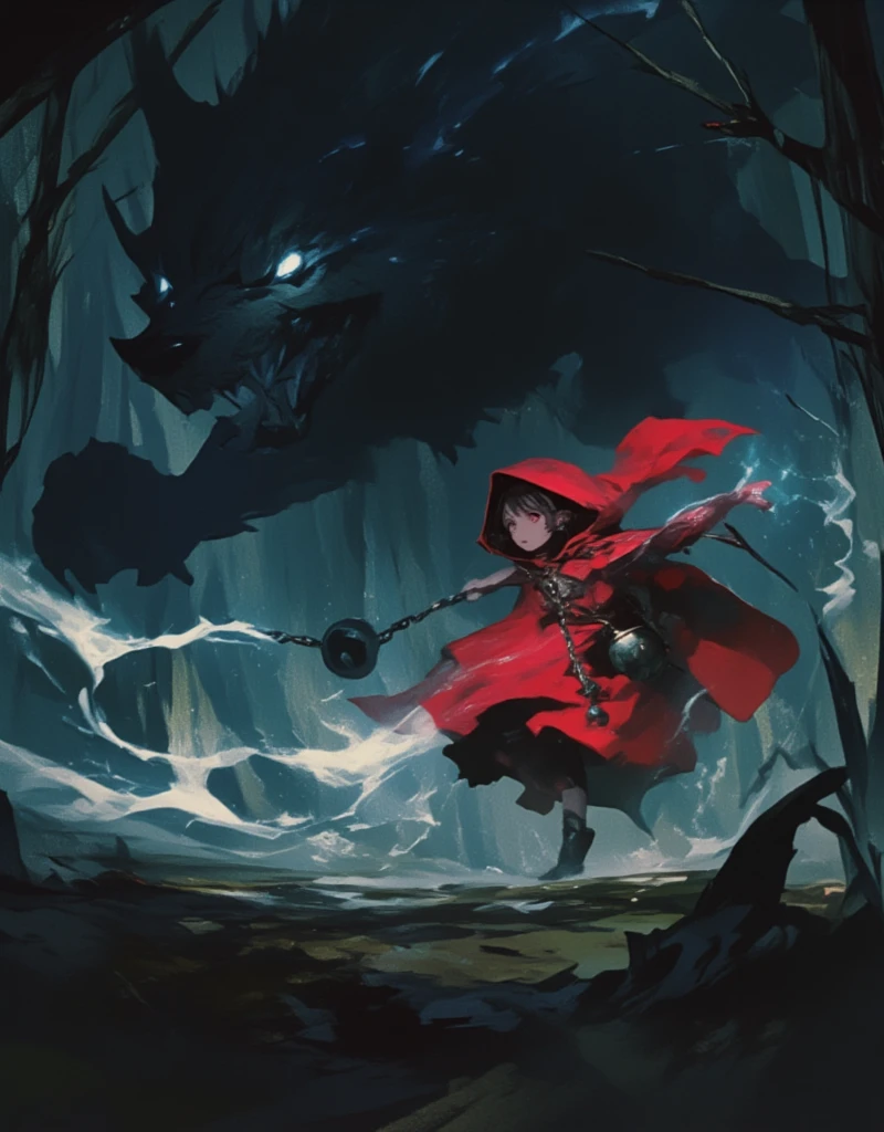 Animation, theme is "red cloak and bells", in a dim forest, a cute girl wearing a red cloak is running while swinging a chain with a silver bell on the end, a vicious wolf is approaching behind the girl, the girl is running away from the wolf, depicting the mysterious power of the silver bell, surrealism, 8K quality, painterly