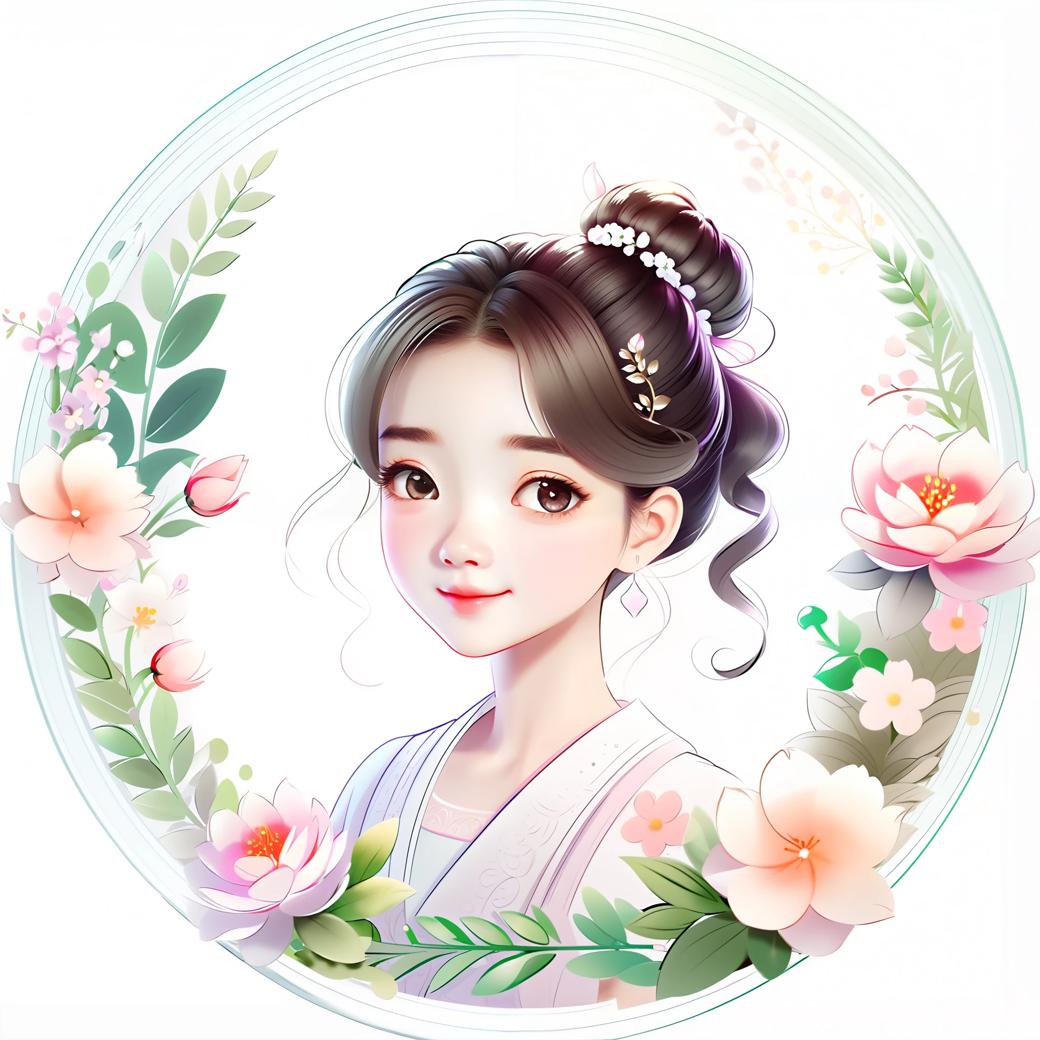 ((best quality)),((masterpiece)),((ultra-detailed)),(illustration),(detailed light),(an extremely delicate and beautiful),a girl,cute face,plant house,glass,[(white background:1.5),:5],simple background,wreath,(round floral framed:1.5),cropped shoulder,upper body,