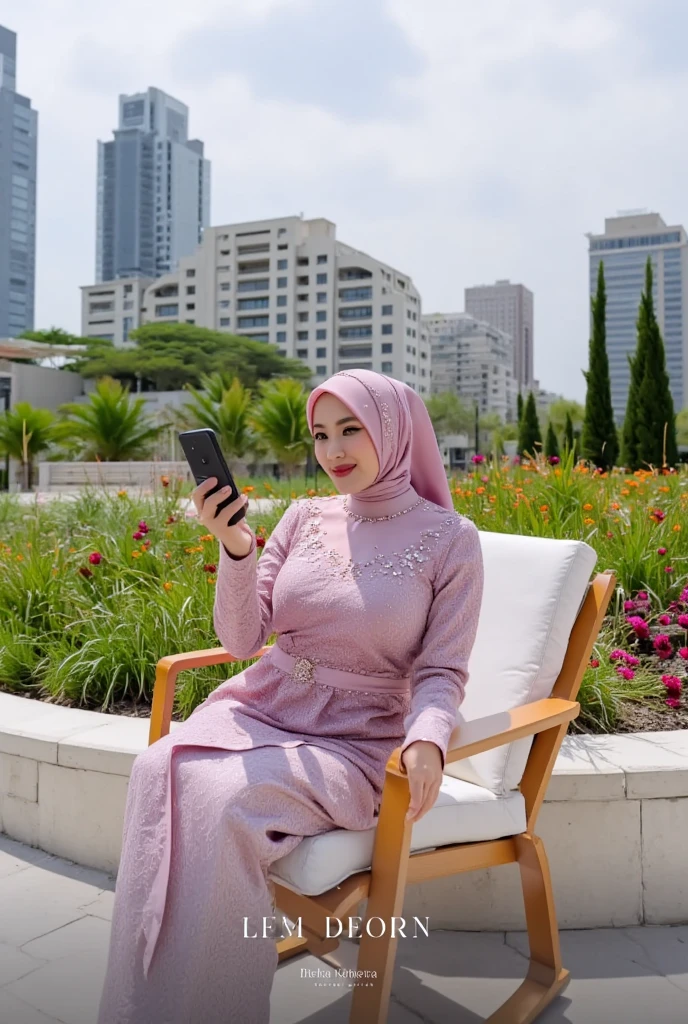 Beautiful malay woman, a bit chubby, big breasts, wearing baju kurung and hijab, selfie in sitting on the garden seat, flowers garden and city skyscaper as background details, Look at the viewer, wide angle full body shot,