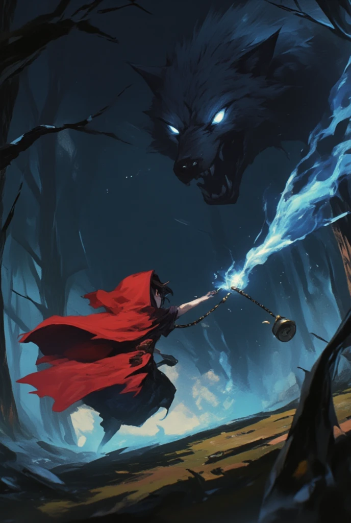 Animation, theme is "red cloak and bells", in a dim forest, a cute girl wearing a red cloak is running while swinging a chain with a silver bell on the end, a vicious wolf is approaching behind the girl, the girl is running away from the wolf, depicting the mysterious power of the silver bell, surrealism, 8K quality, painterly