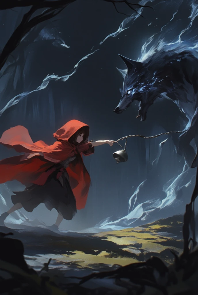 Animation, theme is "red cloak and bells", in a dim forest, a cute girl wearing a red cloak is running while swinging a chain with a silver bell on the end, a vicious wolf is approaching behind the girl, the girl is running away from the wolf, depicting the mysterious power of the silver bell, surrealism, 8K quality, painterly