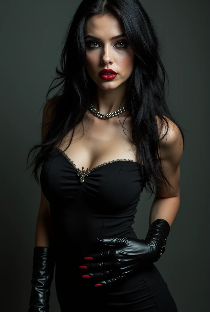 Her skin was white, her eyes were gray and her hair was black, a girl with a corpulent body with a black dress with a deep neckline and black heels with red lipstick, with a gold chain with a cloud pendant and black leather gloves that covered her wrist with a gold bracelet.