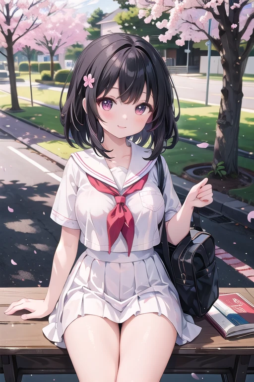 (masterpiece), school, cherry blossoms, outdoors, 1girl, serafuku, medium hair, black hair, smile, medium breasts, light particles, dappled sunlight