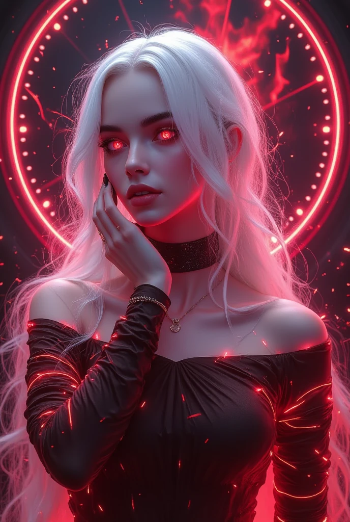 a photorealistic girl who can use time magic with smooth and silky long White translucent hair, and neon glowing vampiric red eyes eyes  , medium sized breasts, there is a neon red ultra futuristic and ultra defined clock in the background with a cinematic lighting,she is wearing a modern red-white gradient glowing off shoulder double tshirt with an exotic glow  ,  she is also wearing an ecstatic thin modern black neckband, there is a mesmerizing  look on her face and a seductive smile, standing in a mesmerizing pose with her right hand on her cheek, , ecstatic neckline and jawline,(pale white skin with redness) , ( aura emenating around her),solo leveling manhwa art style,highly defined and high resolution 8k