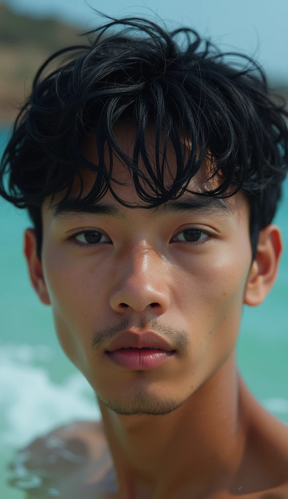 A close up of a young man from indonesia in a underwear sitting on the beach