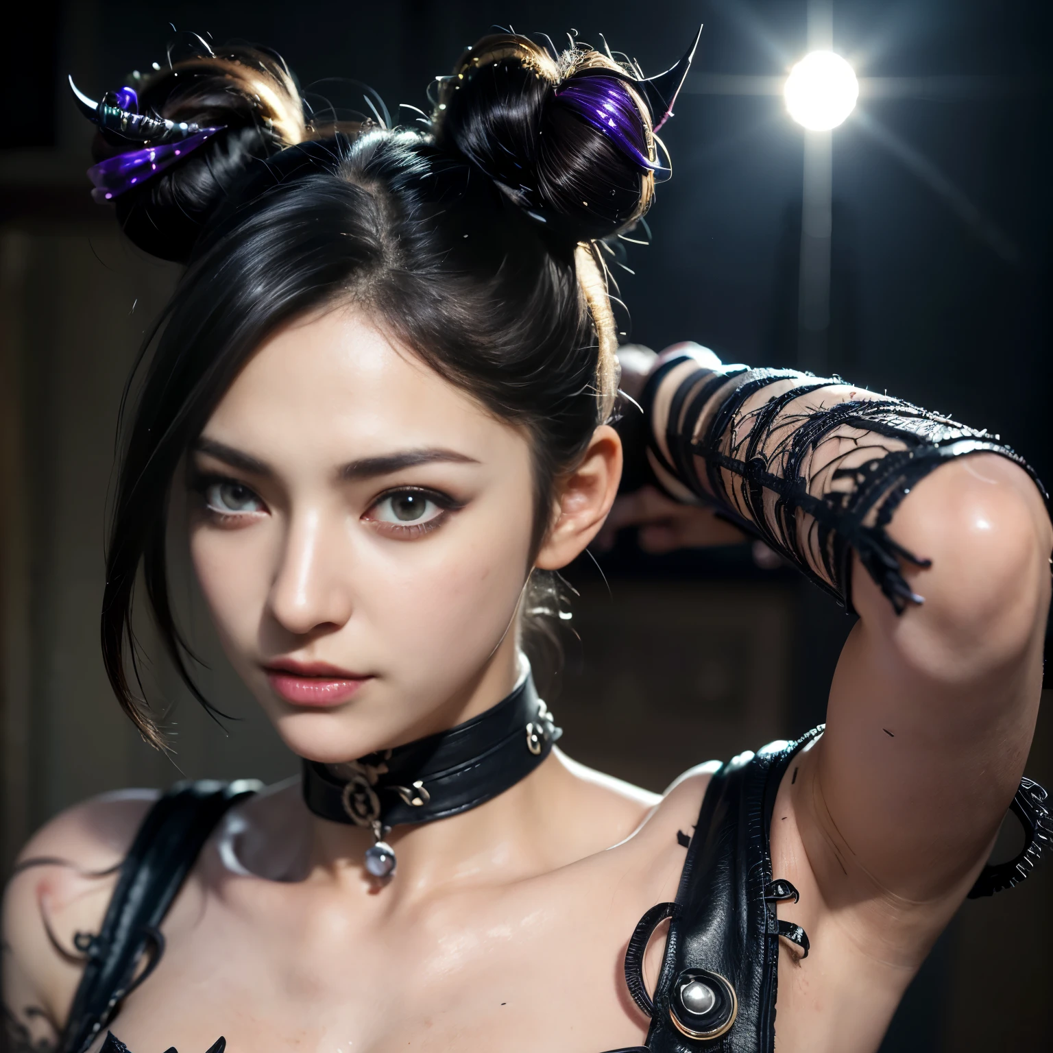 Juri , black hair,two-tone hair, hair horns, purple eyes, eyepatch,  
bodysuit, clothing cutout, 
standing, upper body, evil smile, 
night club,
(insanely detailed, beautiful detailed face,beautiful detailed eyes, masterpiece, best quality) , solo, dinamic poses, shinning eyes, backwards, looking back, ((Detailed skin: 1.9)), (((Realistic: 1.9))), ((well dressed)), waist curve pose, front side, (8k, RAW photo, top quality, masterpiece), (Realistic, photorealistic: 1.9), ((Full body shot)), stylish pose, ((Highly detailed skin: 1.2)), ((Realistic: 1.9)), Photos, masterpieces, top quality, (beautiful blue eyes, gorgeous pale grey black hair, white skin, thick body, lower abdomen bristles, perfect slim figure), various poses, ultra-detailed face, detailed eyes, a lot of people are looking at her with excitement, (((no close-up))), sun light, cinematic, ((photoshoot)), photography, show nipples, show vagina, wide open legs.