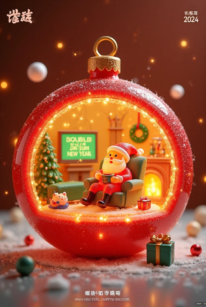 3D cartoon style scene,This is a colorful,whimsical digital illustration in a cartoon style,depicting a festive Christmas scene inside a large,red Christmas ornament. The ornament's interior is detailed with various Christmas decorations,including a glowing neon sign that reads "Double Dan Dan New Year" in cursive,and a glowing fireplace with a warm,crackling fire. Inside the ornament,a cozy living room scene is depicted: a green couch with a green blanket,a small television showing a green channel,and a green Christmas tree. A green gift box is placed on the floor,and a green Christmas wreath hangs on the wall. Two small,white puffs of snow float in the air.,
In the center of the scene,Santa Claus,dressed in his traditional red suit,is sitting in a large armchair,smiling and holding a mug of hot cocoa. Next to him,a small,white cat is curled up in a blue cushion. The background is a gradient of warm colors transitioning from orange at the top to red at the bottom,adding a festive atmosphere. At the top left,there are Chinese characters and at the top right,the date "2024" is displayed in white. The bottom left corner has the text "WISH YOU HAPPY HOLIDAYS" in white.,