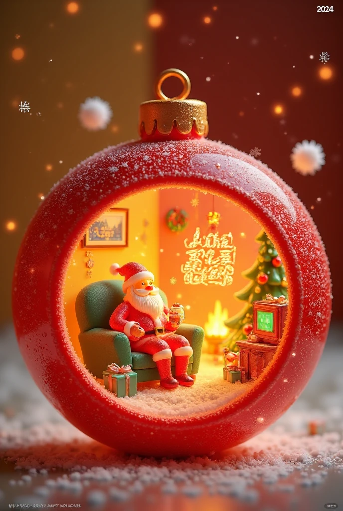 3D cartoon style scene,This is a colorful,whimsical digital illustration in a cartoon style,depicting a festive Christmas scene inside a large,red Christmas ornament. The ornament's interior is detailed with various Christmas decorations,including a glowing neon sign that reads "Double Dan Dan New Year" in cursive,and a glowing fireplace with a warm,crackling fire. Inside the ornament,a cozy living room scene is depicted: a green couch with a green blanket,a small television showing a green channel,and a green Christmas tree. A green gift box is placed on the floor,and a green Christmas wreath hangs on the wall. Two small,white puffs of snow float in the air.,
In the center of the scene,Santa Claus,dressed in his traditional red suit,is sitting in a large armchair,smiling and holding a mug of hot cocoa. Next to him,a small,white cat is curled up in a blue cushion. The background is a gradient of warm colors transitioning from orange at the top to red at the bottom,adding a festive atmosphere. At the top left,there are Chinese characters and at the top right,the date "2024" is displayed in white. The bottom left corner has the text "WISH YOU HAPPY HOLIDAYS" in white.,