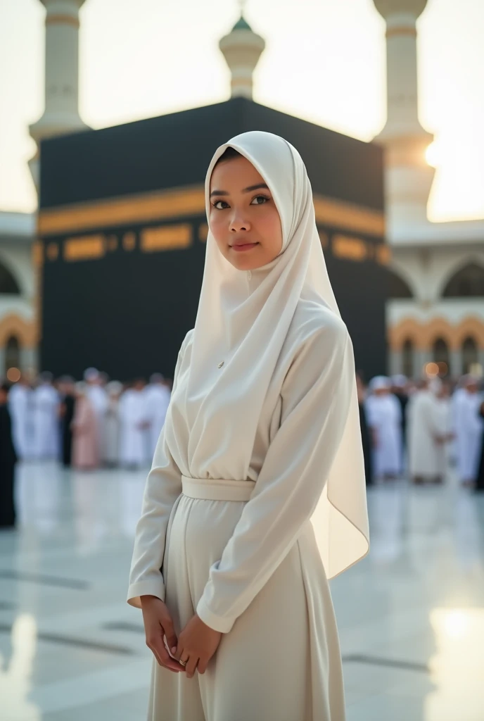 High-resolution image of an Indonesian
Muslim woman standing facing forward,
wearing a neat hijab and long white abaya
with ihram clothing, in front of the Ka'bah
during the day, with many people in the
background. photorealistic, 8k, hyperdetailed, cinematic lighting, dramatic pose, intricate details, hyper realistic, concept art, fantasy, digital art, vibrant colors, beautiful detailed eyes, beautiful detailed lips, extremely detailed eyes and face, long eyelashes, highly detailed face, realistic human anatomy, elegant dress, gorgeous scenery, magical elements, otherworldly landscape, dramatic lighting, intricate details, stunning colors