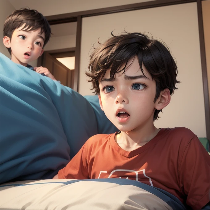 Boy surprised to get into futon