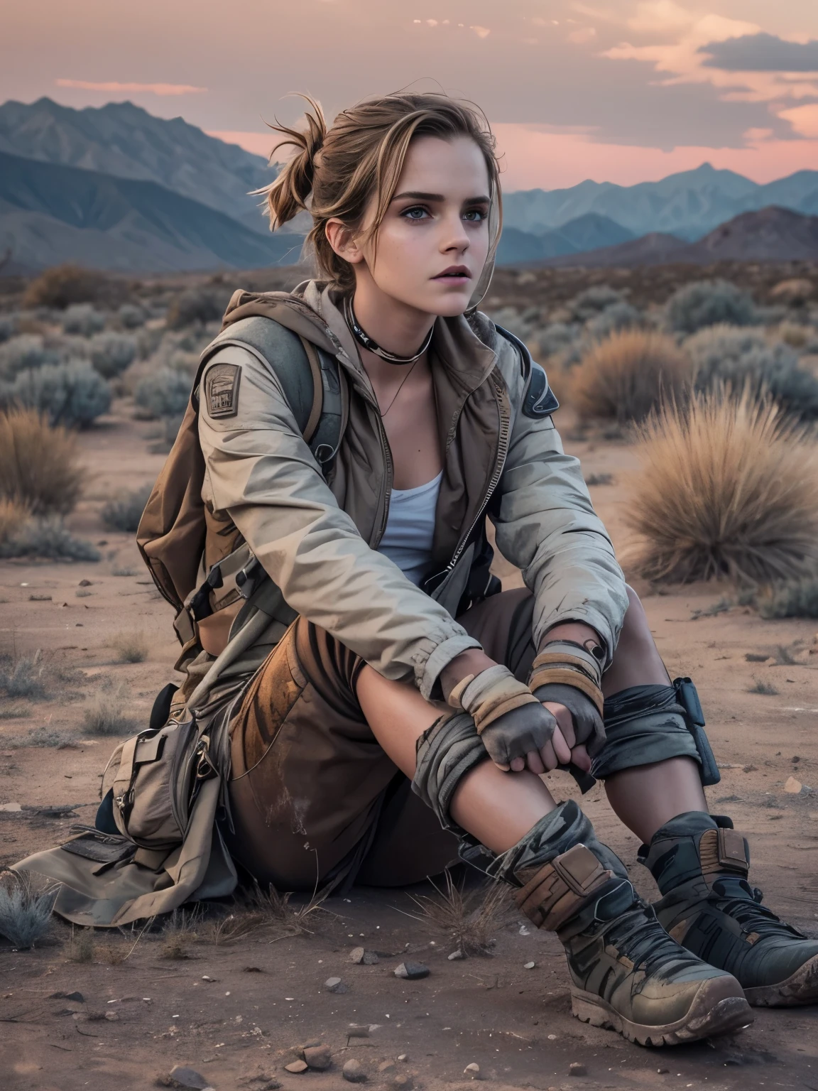 (Emma Watson), a Full body shot, Masterpiece, Transitioning to a desert landscape at sunset, a lone figure, a beautiful British teenage girl is sitting in the ground, wearing post apocalyptic nomadic clothes, very white skin, blonde hair, blue-grey eyes, freckles on face, slim runners body, small breasts, very detailed face, ultra realistic face, clean but tired face, very beautiful face, post-apocalyptic clothing, unconventional accessories, and a weathered look create an aura of survival and resilience, 16K, ultra high res.photorealistic, UHD, RAW, DSLR