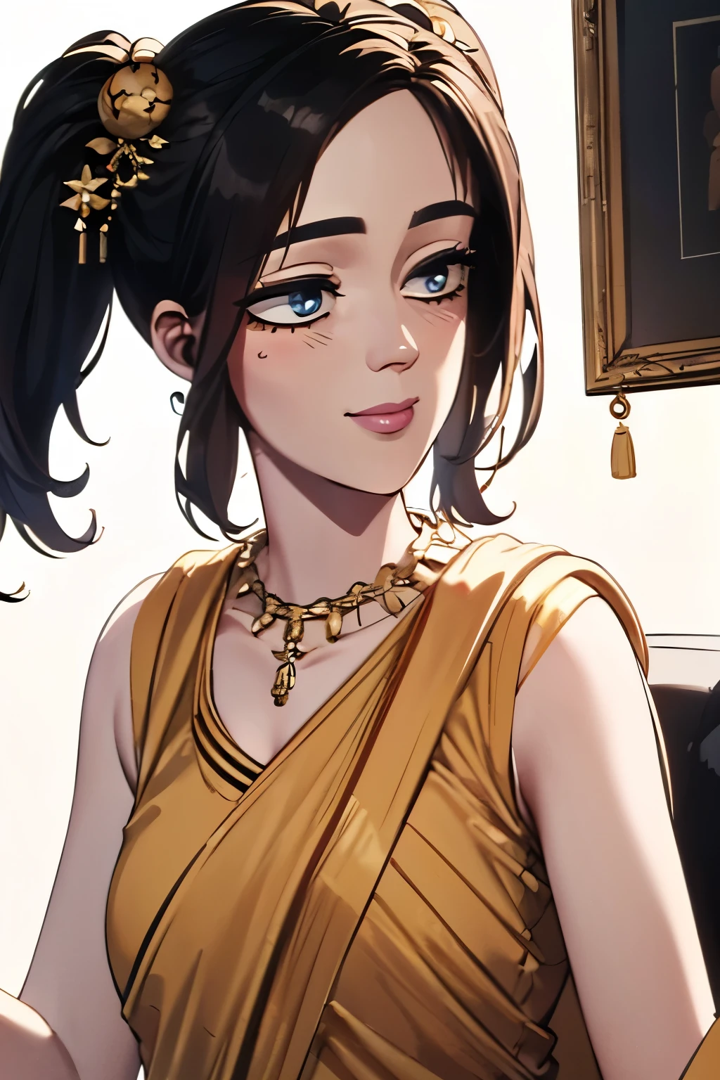 Fnaf cassidy, a beautiful young girl, pale skin, black hair, pigtails, wearing Saree, indian dress, jewellry, ornaments, indian gown, indian clothes, she looks like Takumi Fujiwara, smiling with eyes closed, extremely detailed face and eyes, beautiful detailed eyes, beautiful detailed lips, long eyelashes, 1girl, solo, intricate detail, vibrant colors, studio lighting, white background (best quality,4k,8k,highres,masterpiece:1.2),ultra-detailed,(realistic,photorealistic,photo-realistic:1.37)